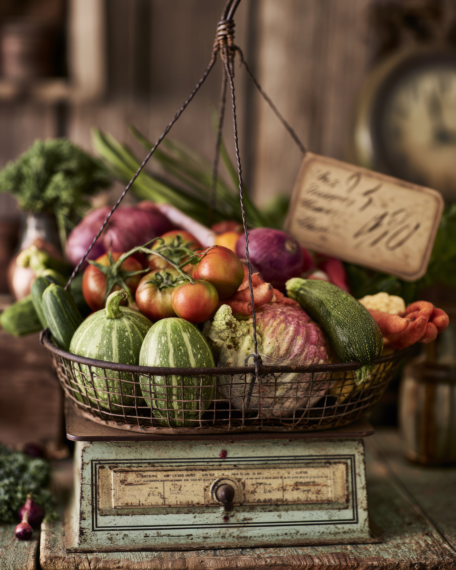 Local market produce and a basket of vegetables